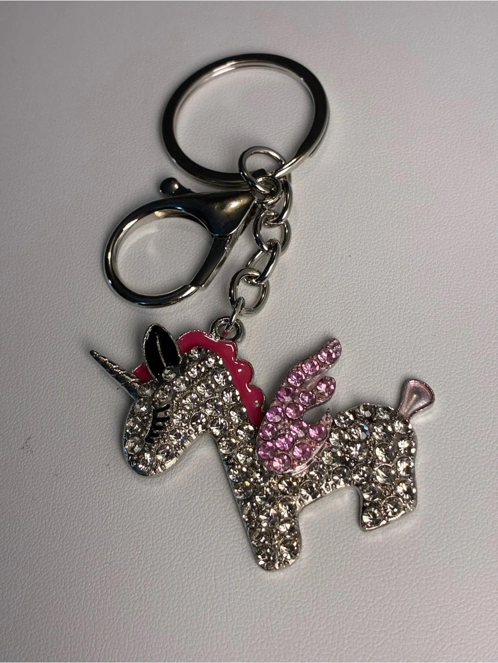 Rhinestone Unicorn Keychain Sparkly Pink & Silver Purse Charm
